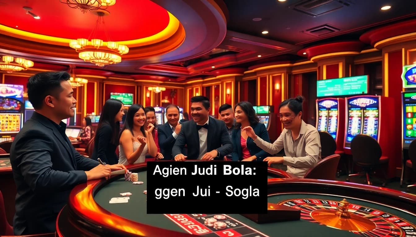A lively casino scene with players engaging in Agen Judi Bola, featuring poker and vibrant slot machines.