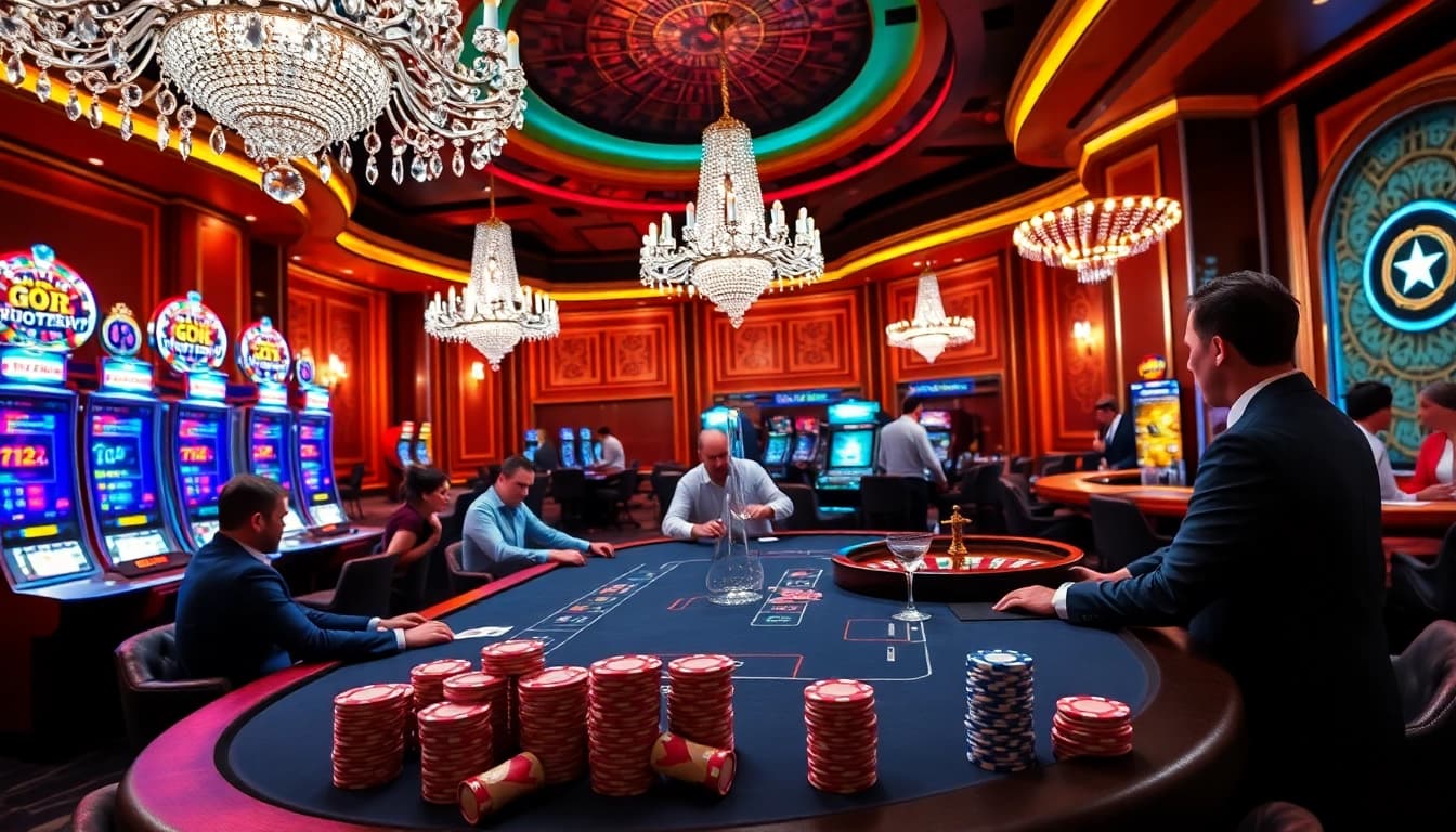 Players mastering high-stakes gambling strategies in a luxurious GO8 casino atmosphere.