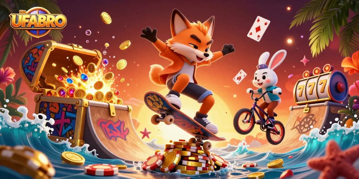 Experience dynamic gaming action with UFABRO's thrilling casino adventure featuring vibrant characters and elements.