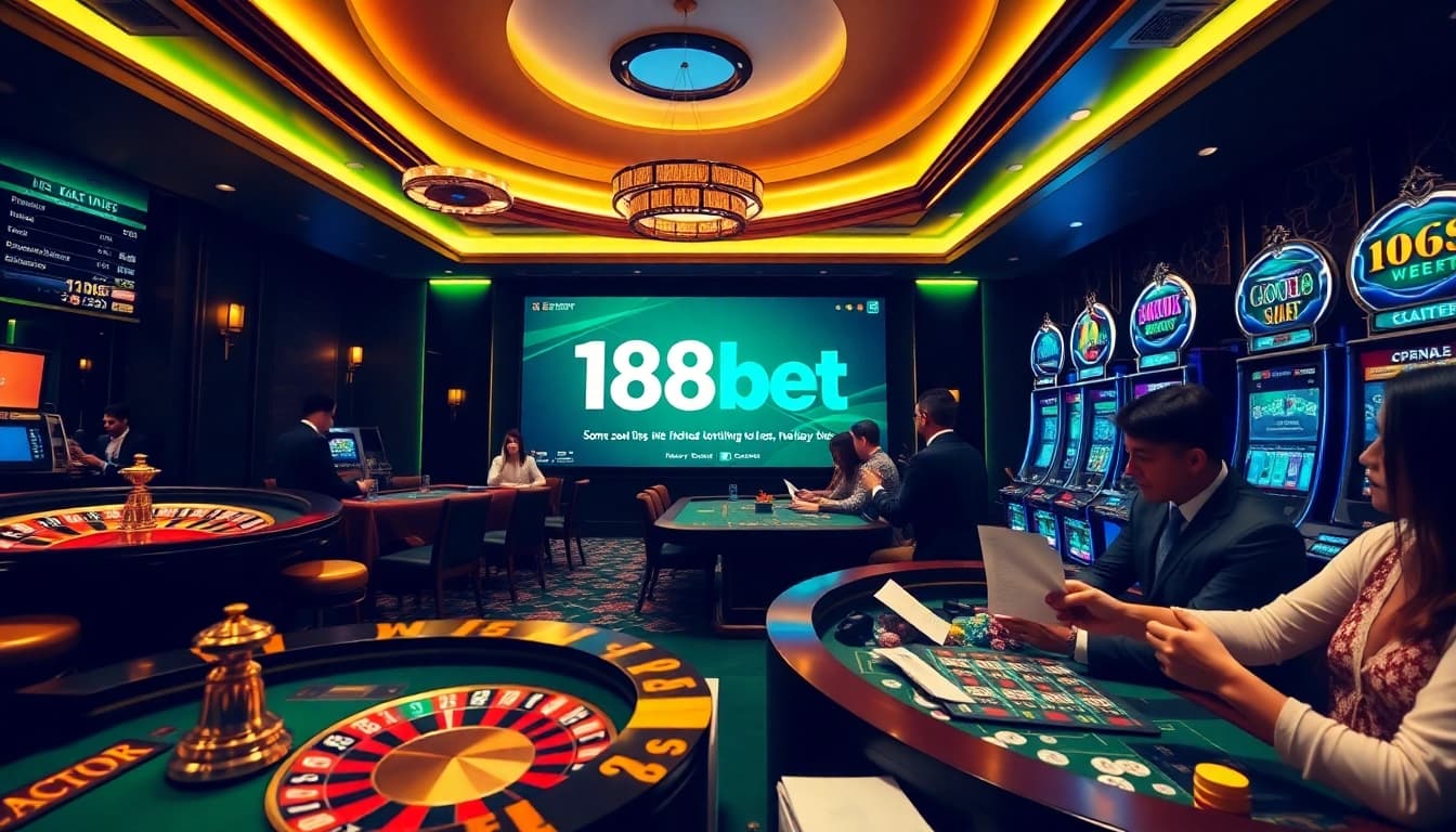 Players engaging in gambling activities with 188bet betting slips at a luxurious casino.