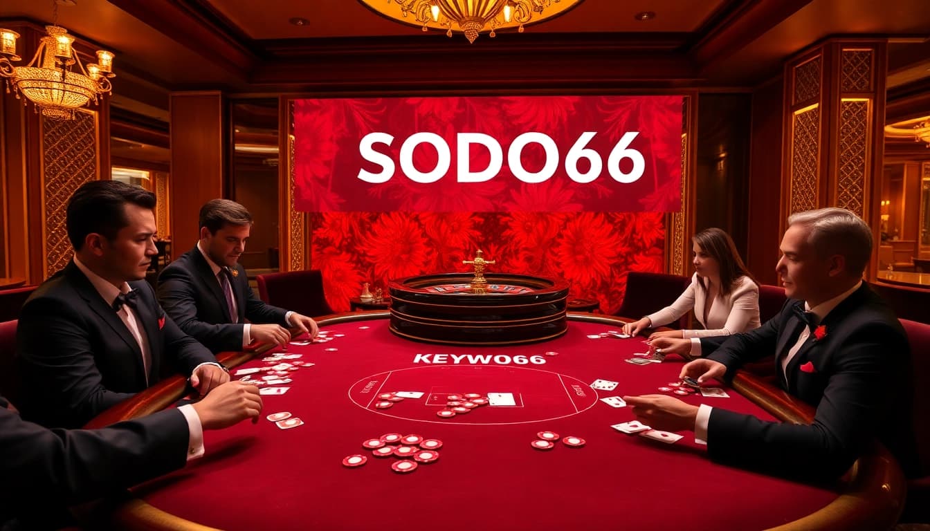 SODO66 players engaging in a high-stakes poker game, showcasing excitement and luxury.