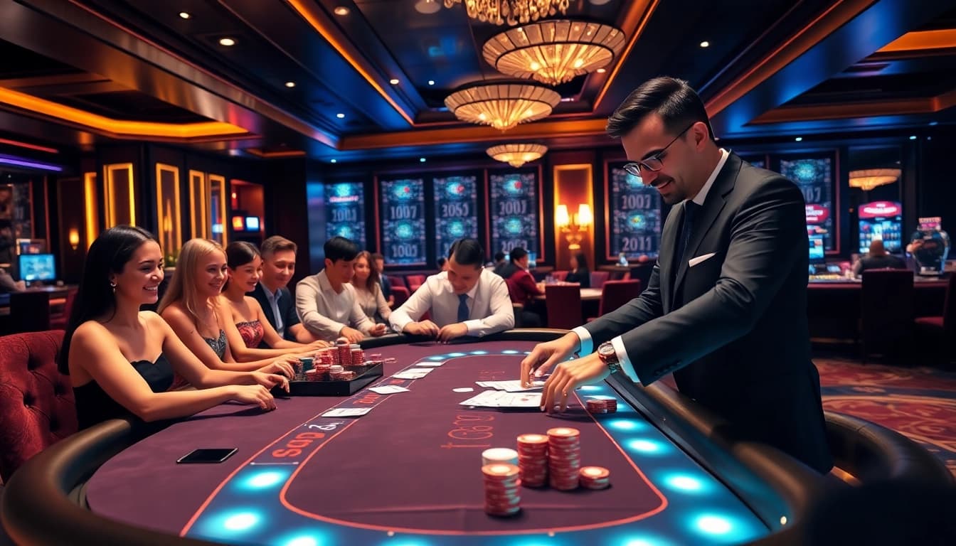 Experience NK88 excitement at an elegant casino poker table filled with eager players.