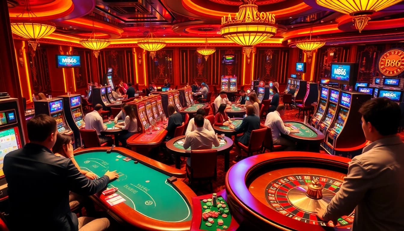 Players enjoying high-stakes poker and slot machines at MB66 Casino, filled with excitement.