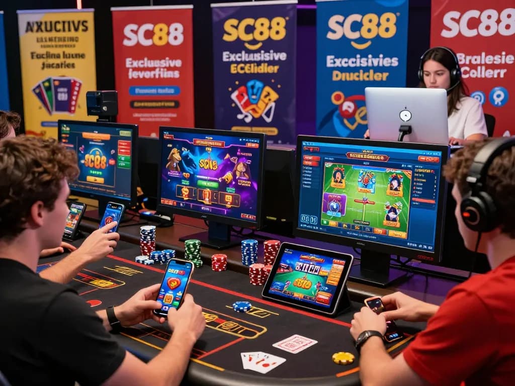 Exciting SC 88 online gambling atmosphere with diverse players and gaming devices showcasing promotions.