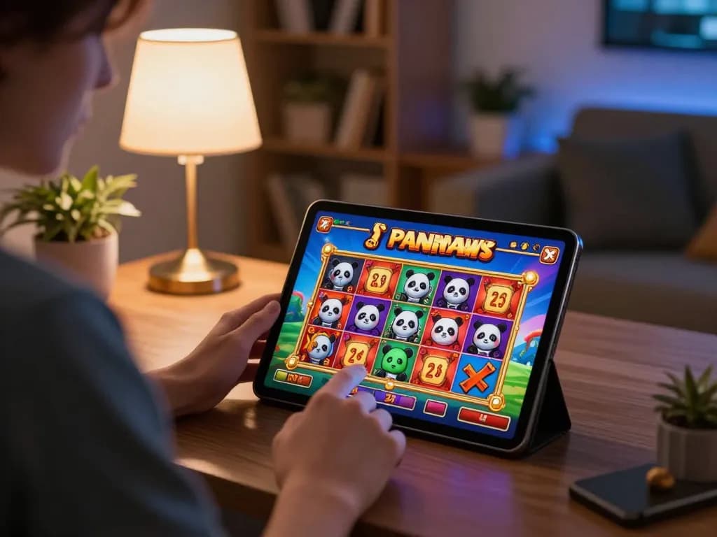 Pengalaman bermain Panda Win di tablet dalam suasana rumah yang nyaman, menampilkan grafik slot yang cerah.