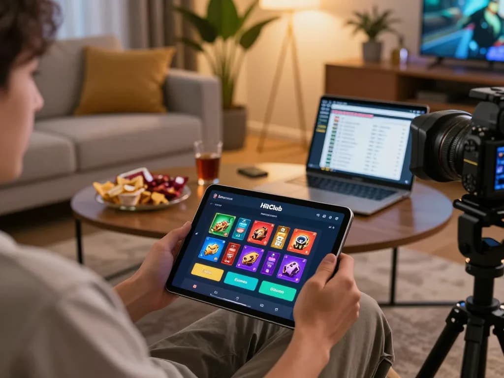 Tải Hitclub while enjoying online gaming on a sleek tablet in a cozy modern living room.