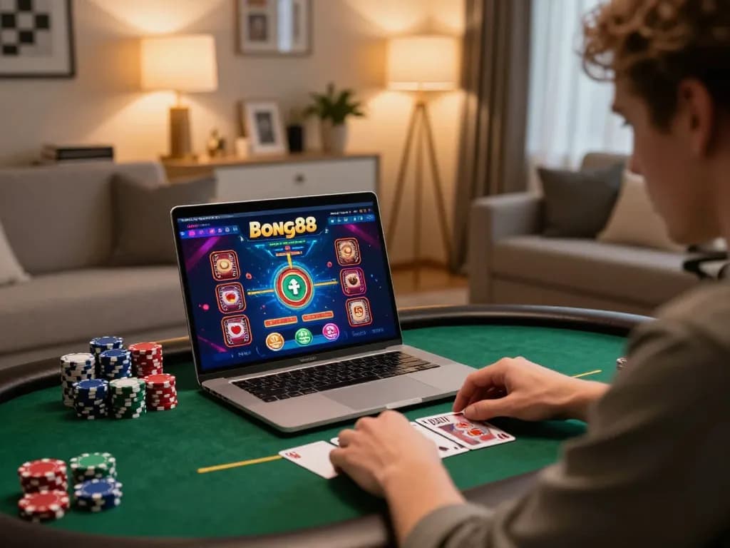 Bong88 player strategizing bets on an online casino interface at home.