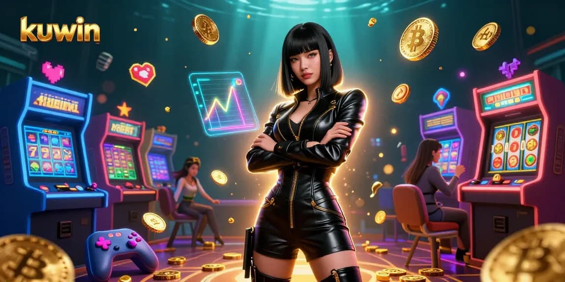 Kuwin casino scene featuring an Asian woman surrounded by slot reels, coins, and vibrant gaming elements.
