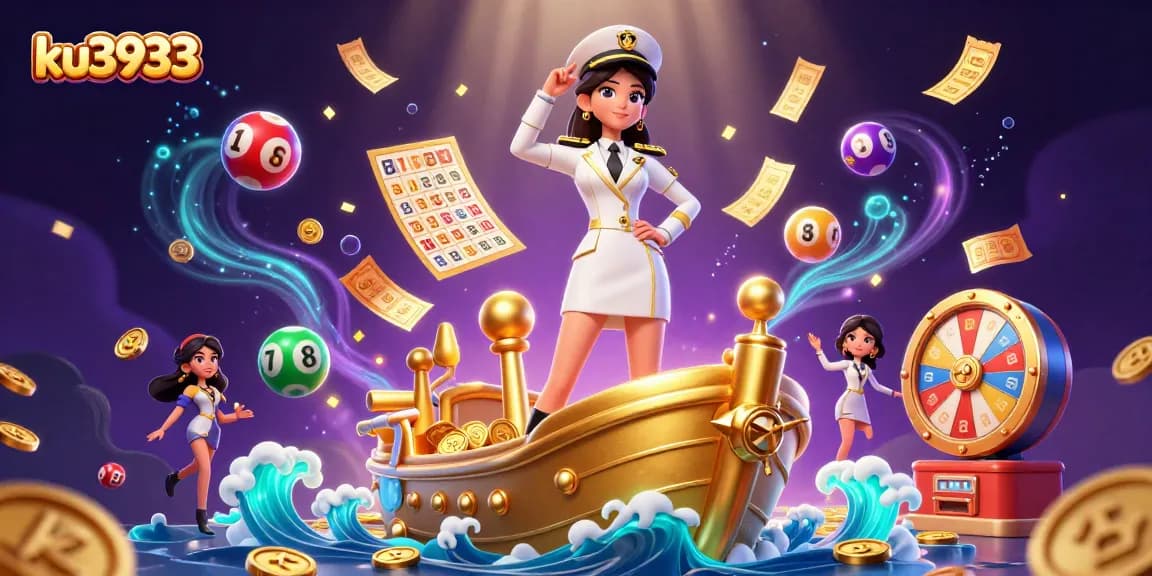 Experience the thrilling excitement of ku3933 as vibrant lottery balls and golden prizes fill the casino scene.