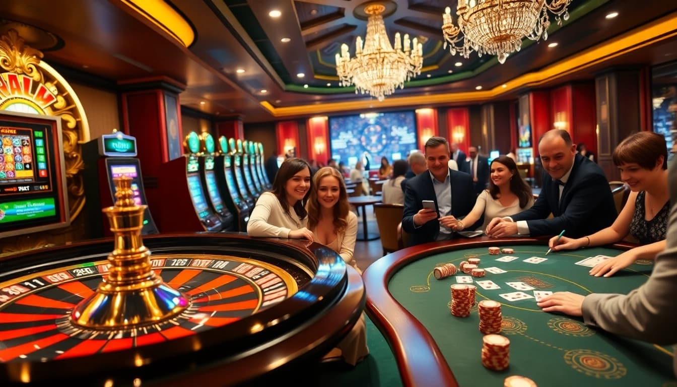 shbet gaming experience with excited players at roulette and blackjack tables