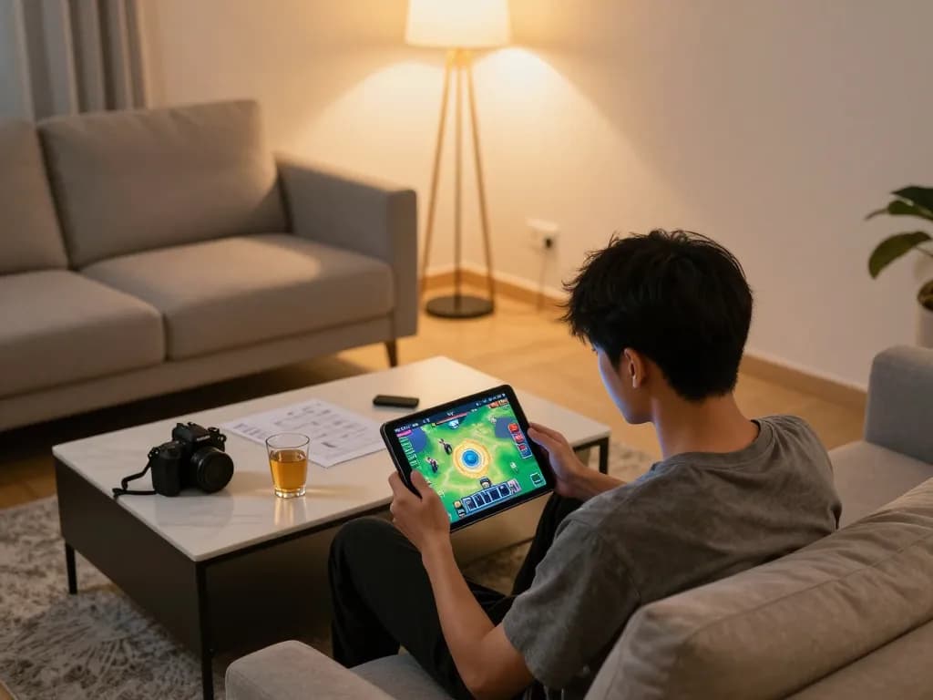 Engaged in an online game tài xỉu, a player strategizes in a cozy living room setup.