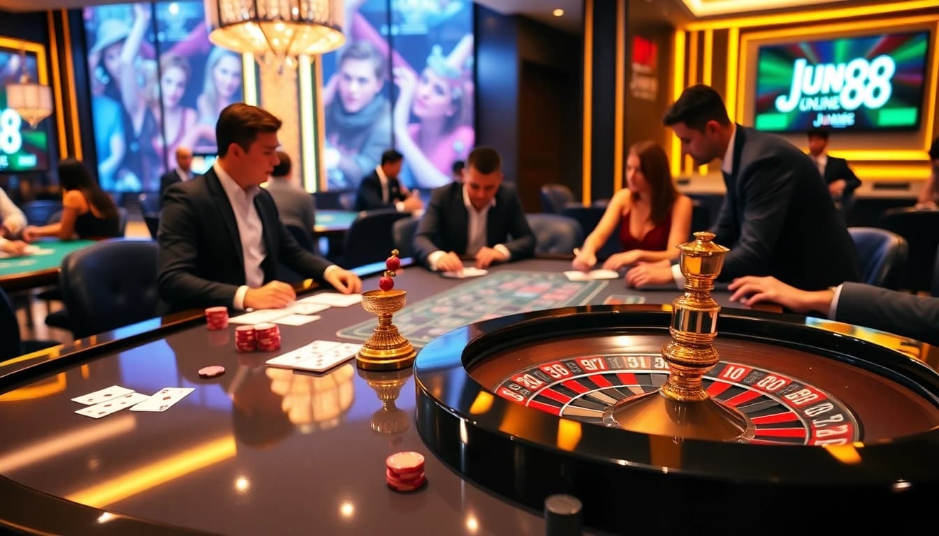 Players enjoying a game at Jun88 phiên bản casino highlighted by vibrant poker chips and an exciting atmosphere.