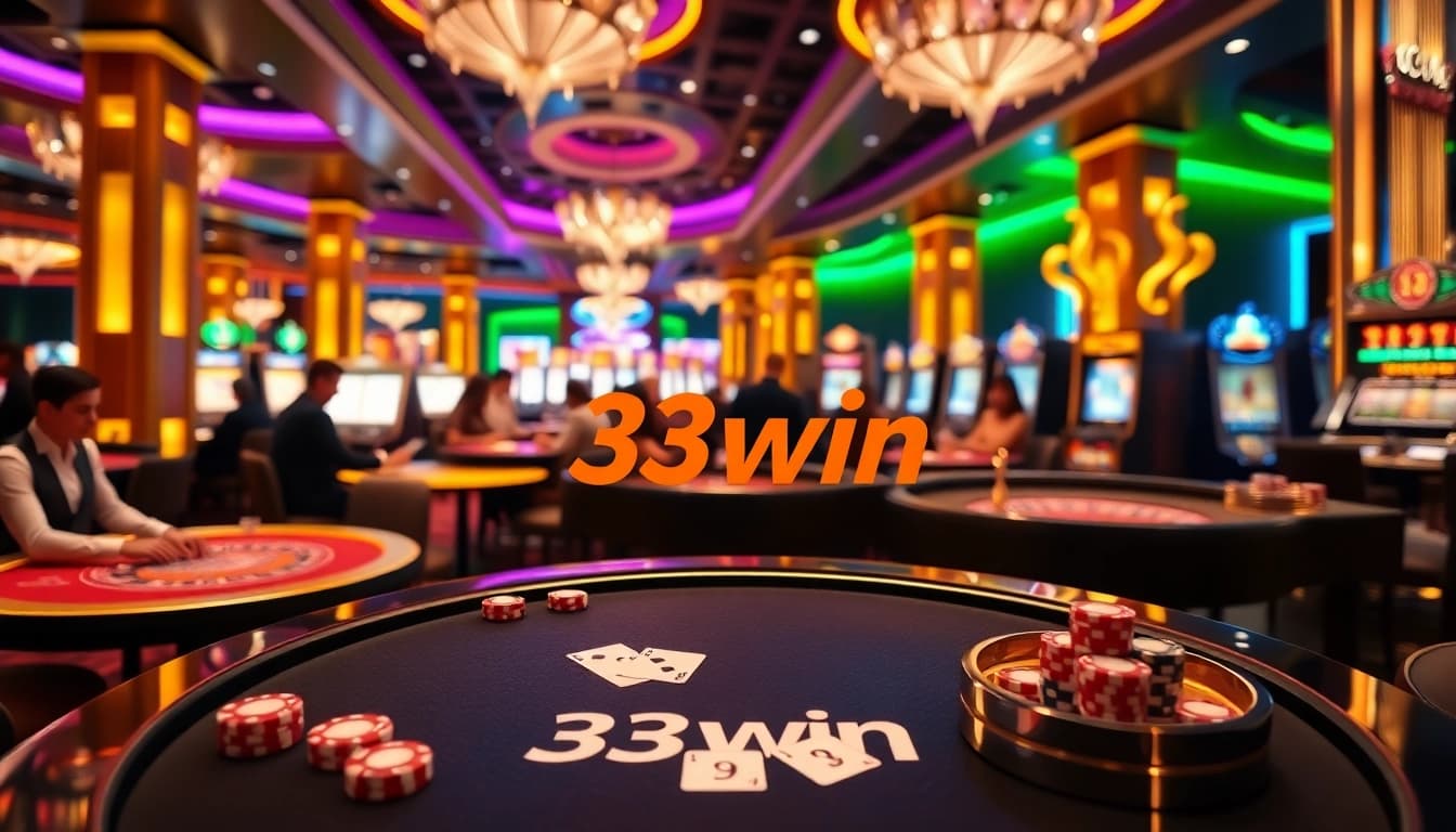 Experience thrilling gameplay at 33win in a luxurious casino environment with engaging roulette and blackjack tables.