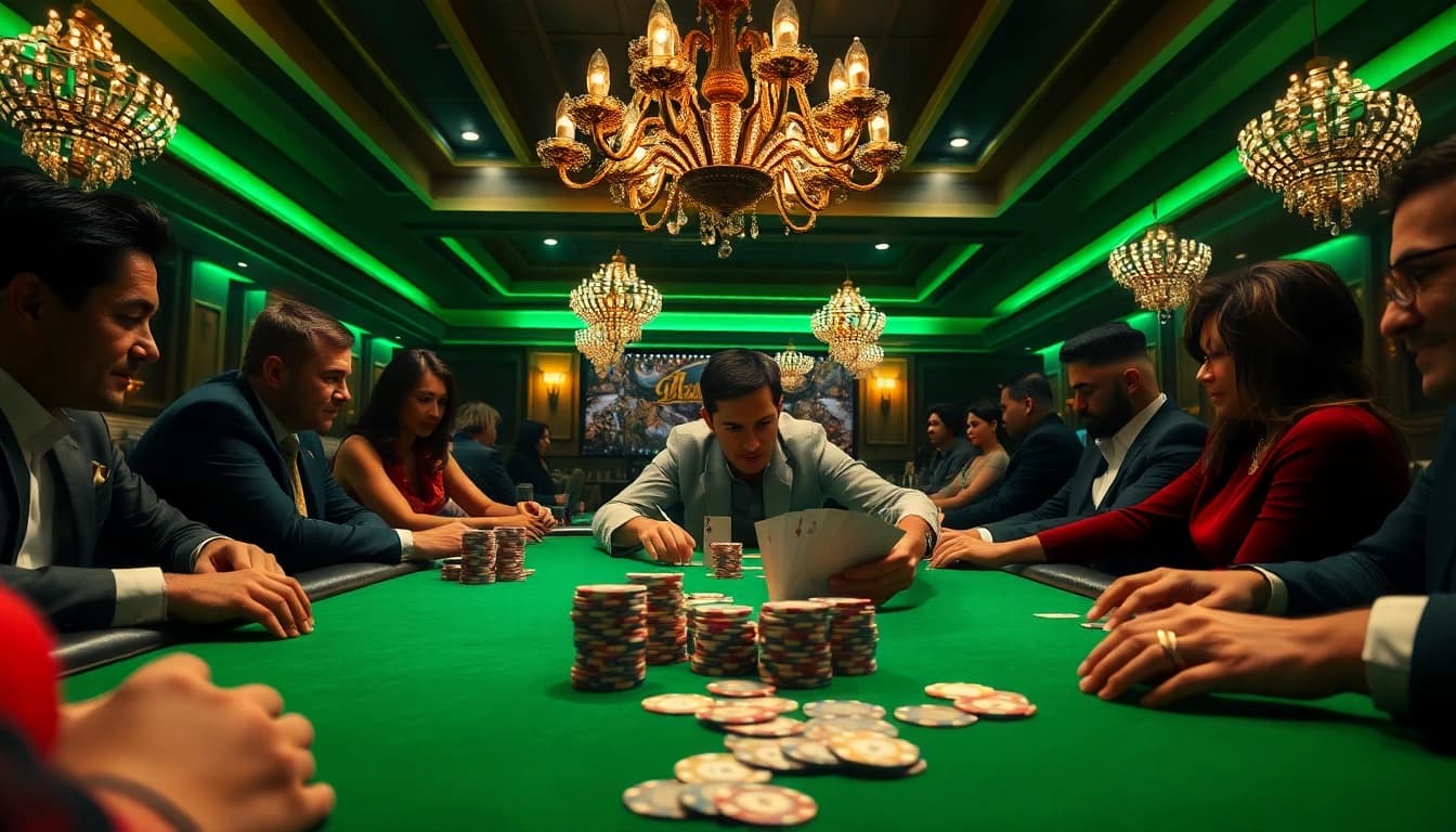Experience the excitement of AT99 with intense poker action at a high-stakes casino table.