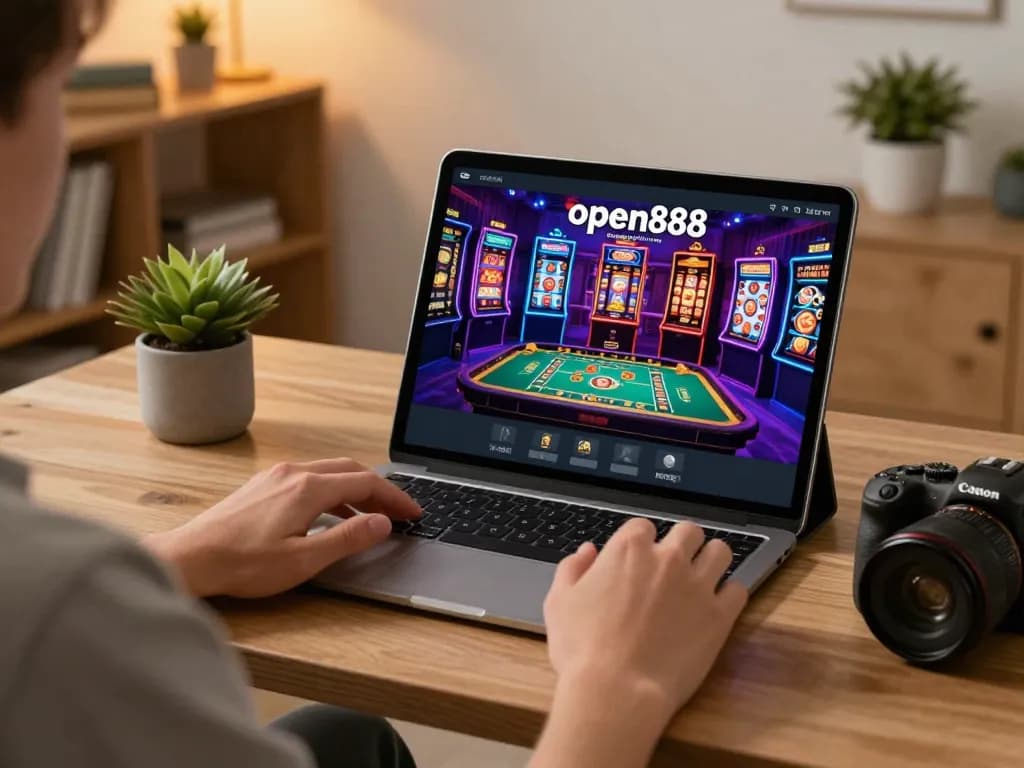 Player engaging with the open88 app for online gaming at home, showcasing vibrant casino games.