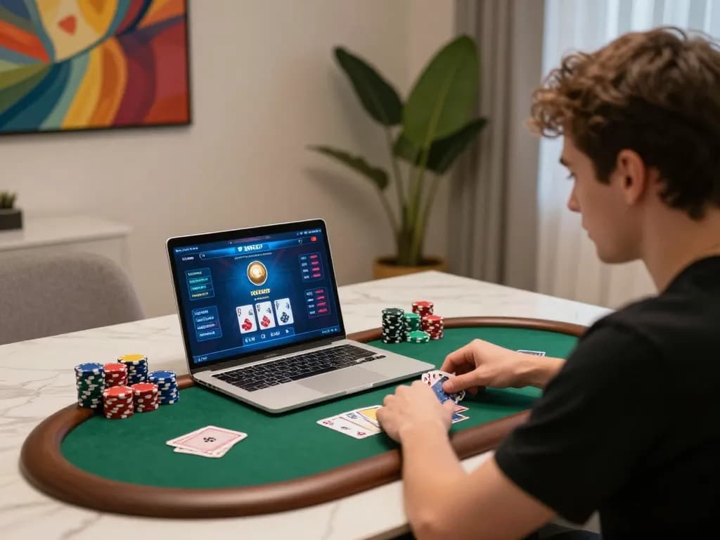 uu88 player strategizing during an online poker game at home