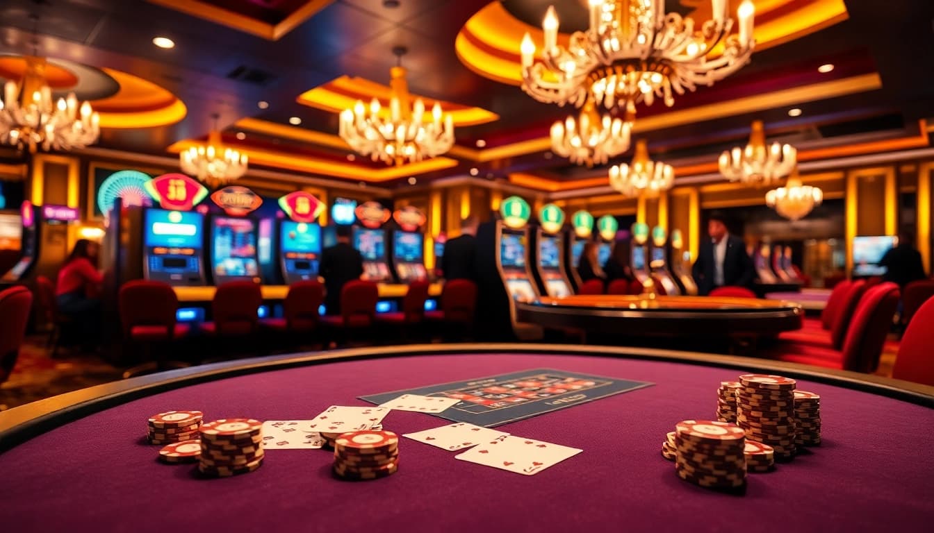 Exciting casino atmosphere featuring high-stakes poker at SODO66 with vibrant slot machines.