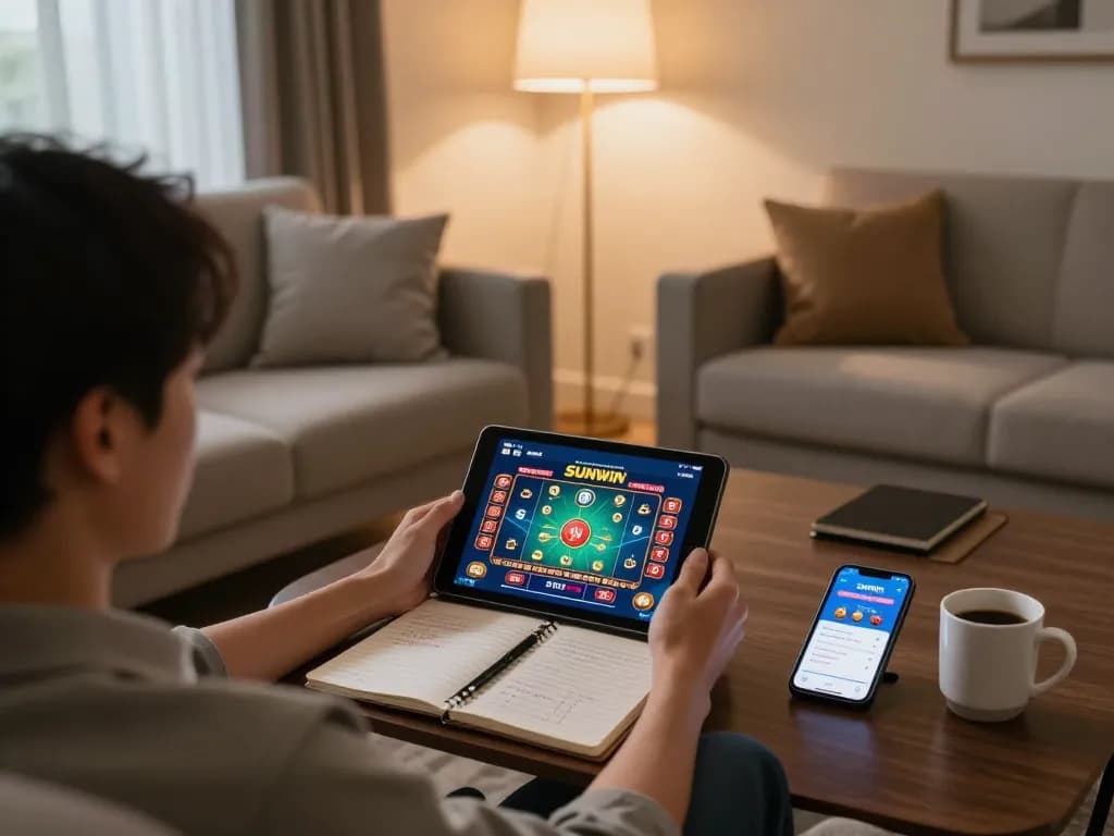 SUNWIN online gaming experience featuring a person using a tablet while enjoying a comfortable home setting