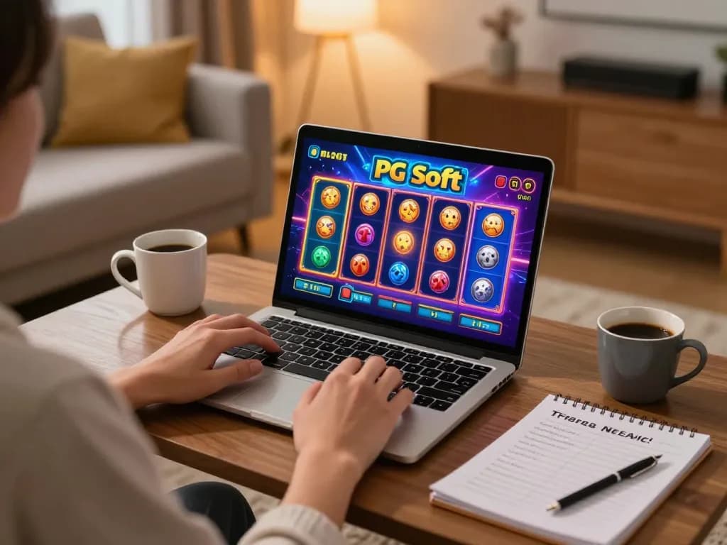 Bermain permainan demo slot PG Soft di laptop dalam pengaturan gaming rumah yang nyaman