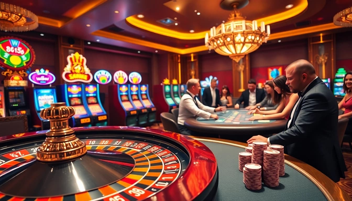 Suasana kasino yang menggembirakan di 33win68 dengan roda roulette, chip poker, dan dealer profesional.