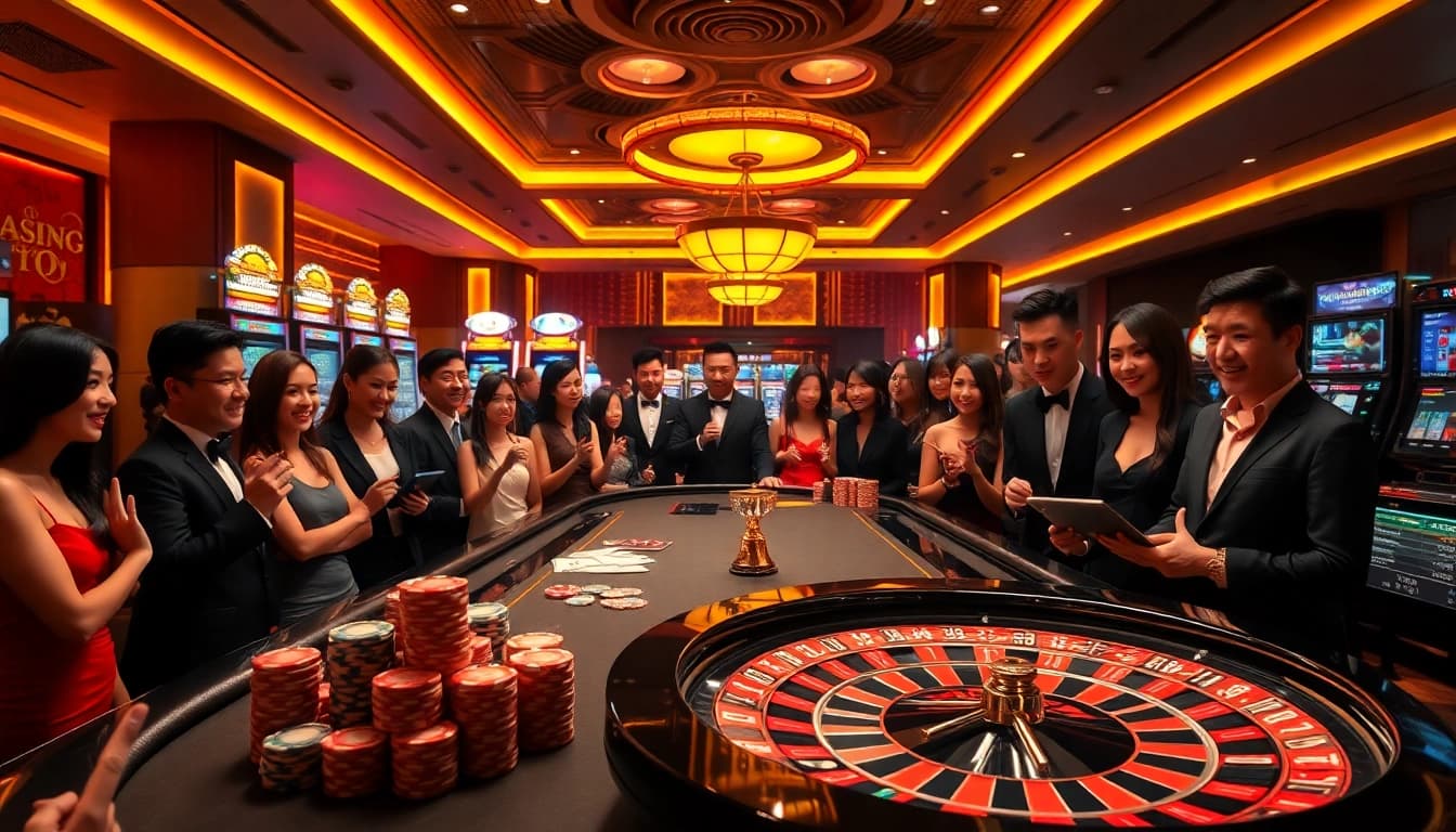 Professional players placing bets at Nhà cái uy tín hàng đầu châu Á with vibrant poker chips and live dealer tables