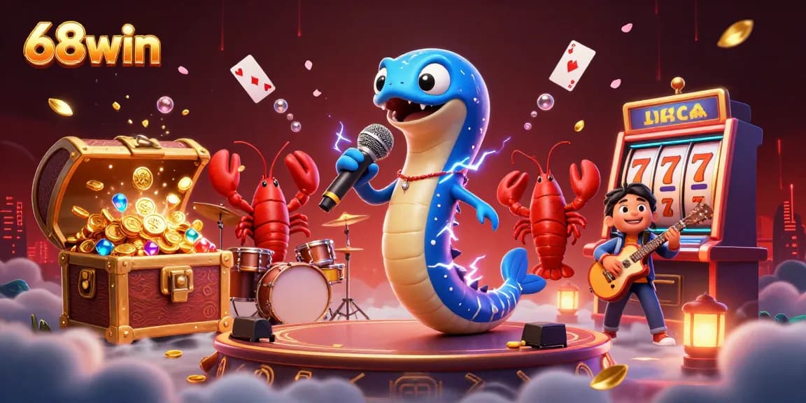 Experience the thrill of 68win with a vibrant underwater casino scene featuring an electric eel DJ.