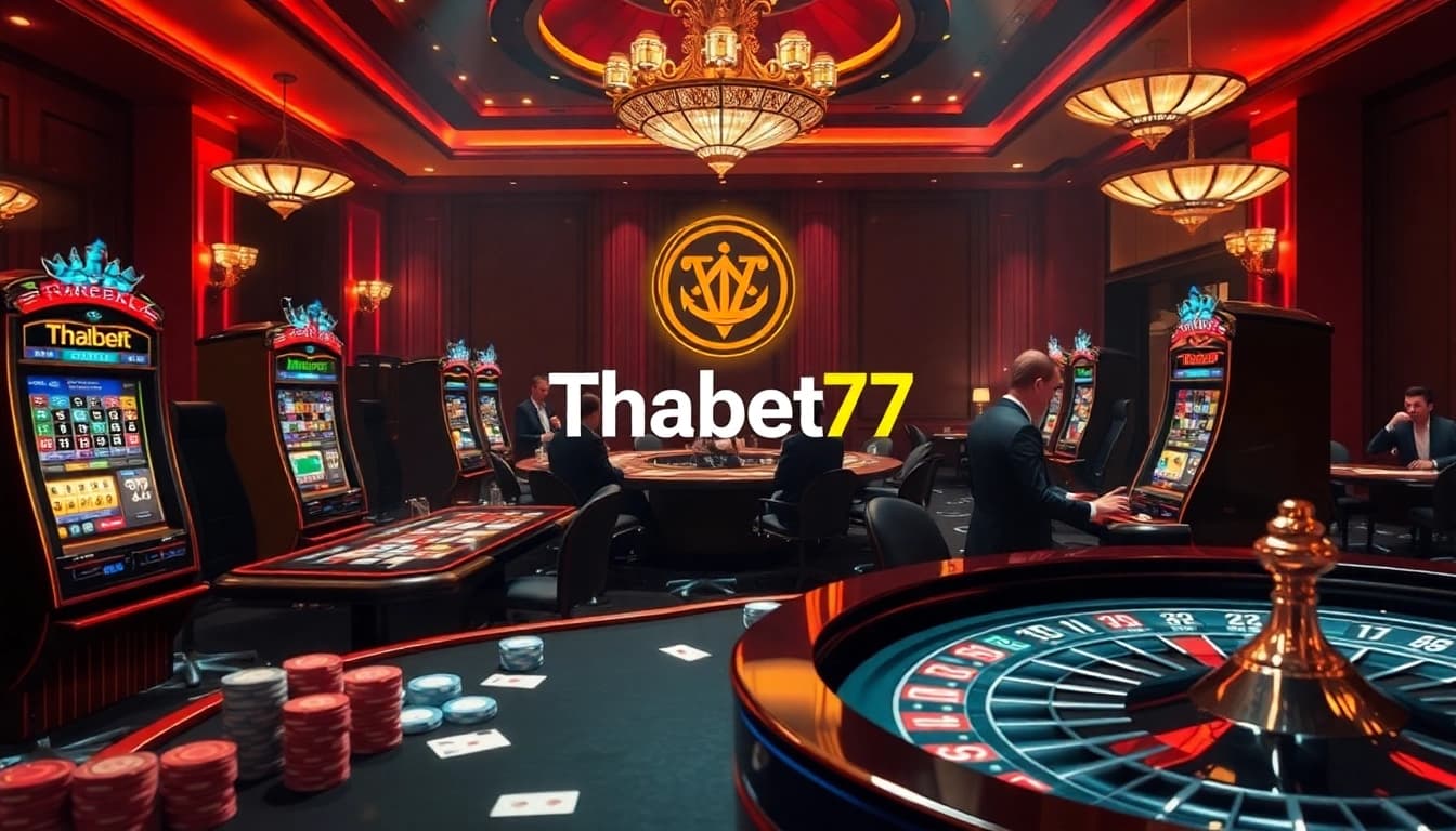 Players enjoying high-stakes casino games at Thabet77 with vibrant chips and a roulette wheel.