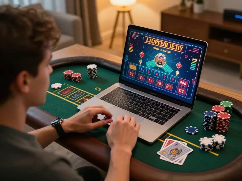 Experience thrilling online baccarat gameplay at God55 with an engaging laptop setup.