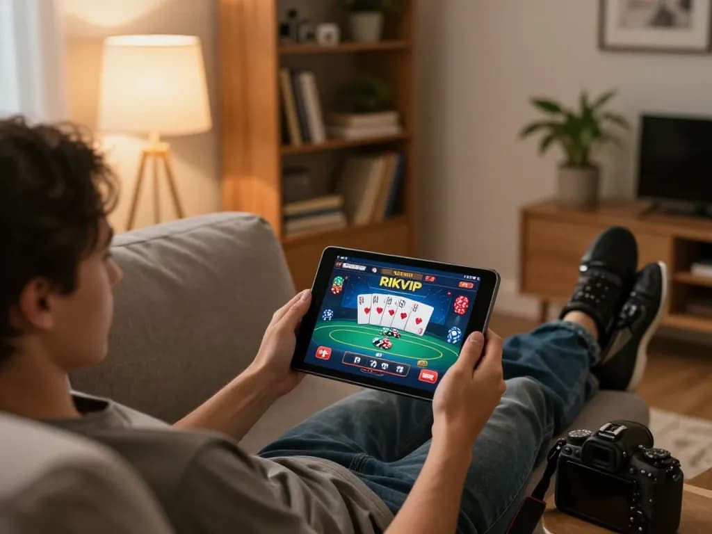 RIKVIP player using a tablet in a cozy home setting, engaged in online gaming.