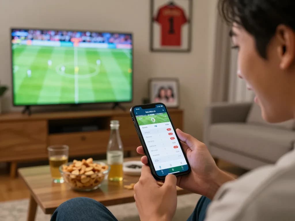 Person checking kèo nhà cái 5 live betting odds on smartphone during home sports betting.