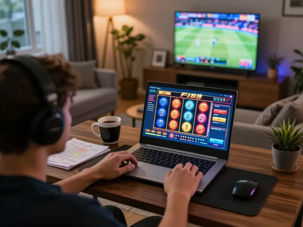 Player engaging in F168 online gaming with vibrant interface and cozy atmosphere