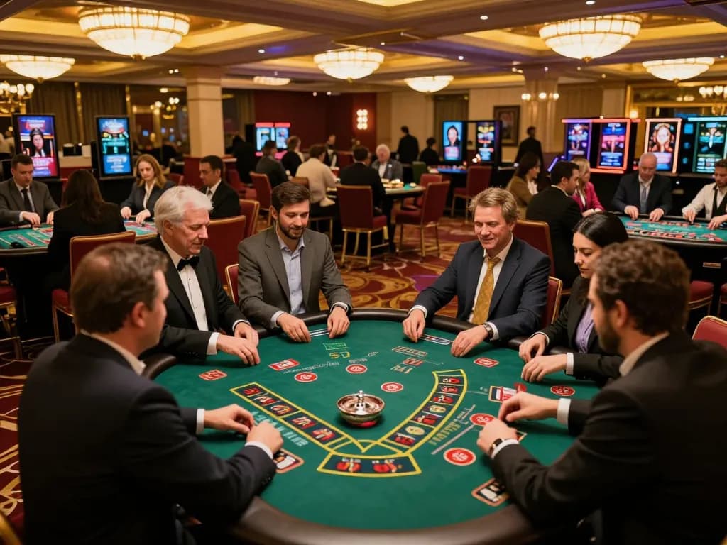 Casino Go8 players strategizing and betting at vibrant blackjack and roulette tables while enjoying the luxurious atmosphere.