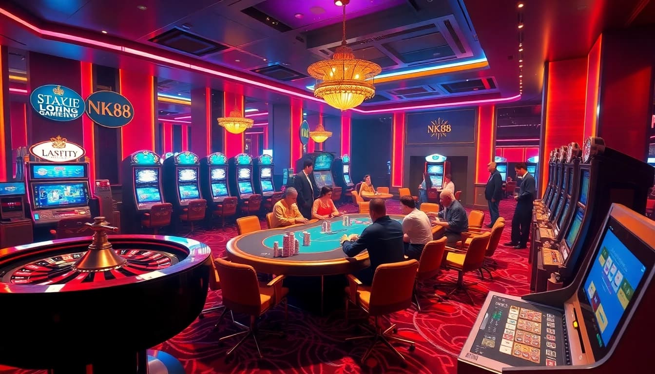 Experience thrilling gameplay at NK88 with a luxurious casino setting featuring poker tables and roulette wheels.