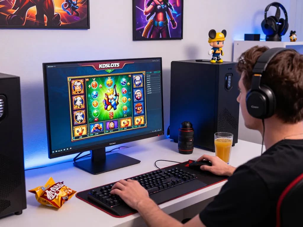 Engaged player at KDSLOTS online gaming platform with vibrant slot games.
