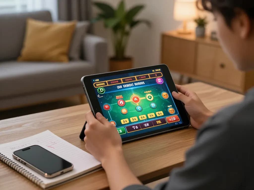 Engaging with mm88 casino game on a tablet at home, showcasing responsible gambling