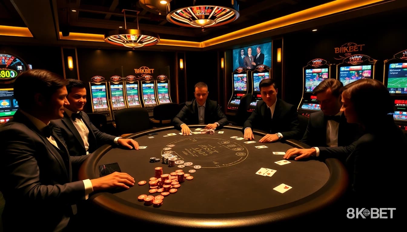 Engaging poker players and luxurious casino elements showcasing 8KBET's thrilling gambling experience.