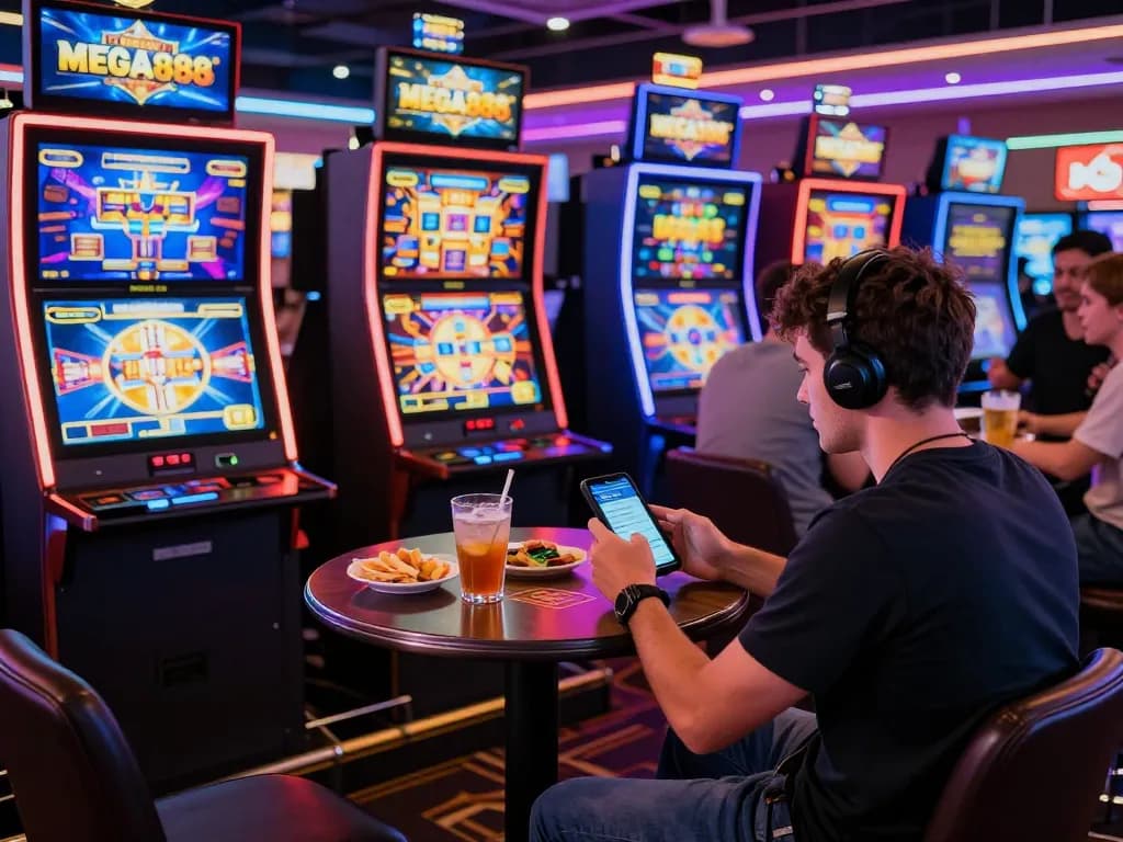 Player immersed in MEGA888 online gaming experience at lively casino setting