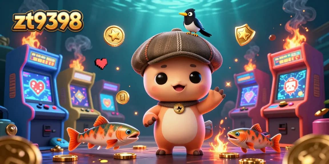 Engage with zt9398 as cartoon Nessie and friends navigate a colorful casino arcade filled with game treasures.
