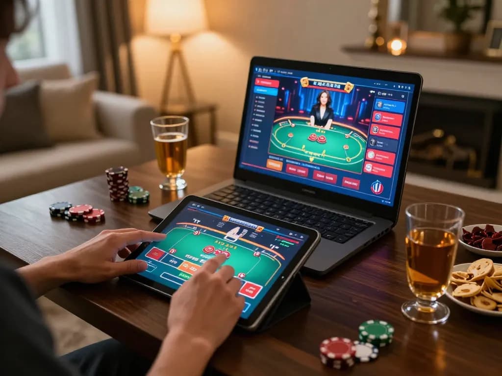 Engaging in online poker gaming on rikvip with vibrant interface and cozy home setting