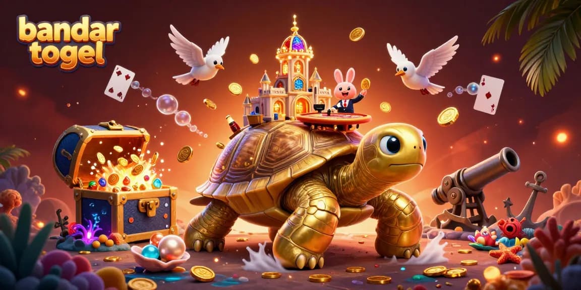 Engage with bandar togel through this vibrant illustration featuring a golden tortoise casino.