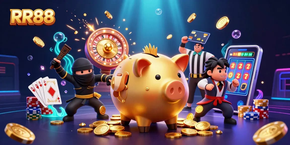 RR88 promotes thrilling gaming with a lively scene featuring dynamic casino characters, vibrant gold coins, and exciting game elements.