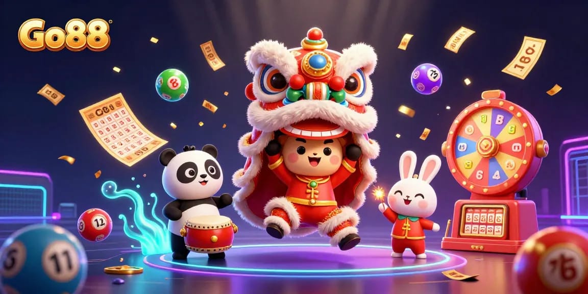 Engage with Go88's vibrant online gambling experience featuring colorful lottery elements and festive characters.