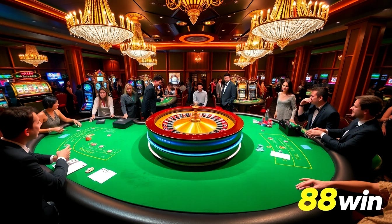 Players enjoy an exciting game at 58win's luxurious casino tables under dazzling lights.