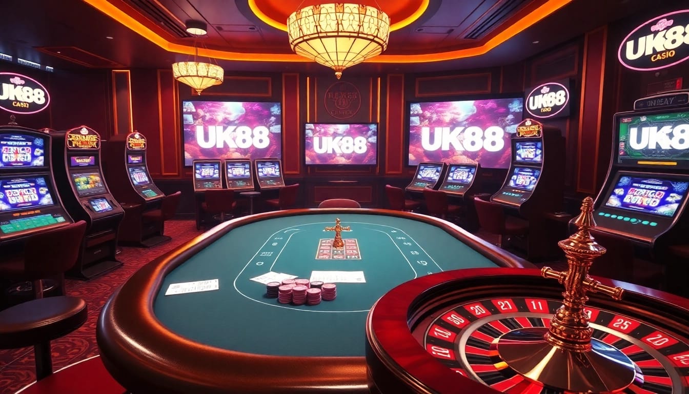 Experience the excitement of UK88 video with a vibrant online gambling scene featuring roulette and poker tables.