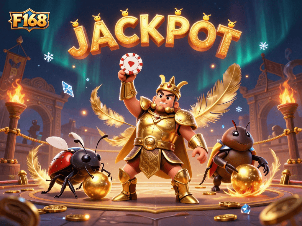 Experience the thrill of F168 as cartoon beetles celebrate a jackpot victory amidst dynamic casino elements.