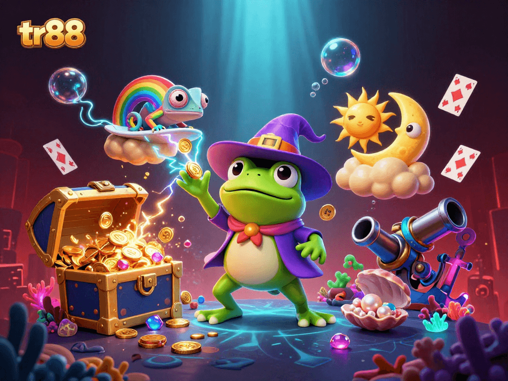 tr88 offers an exciting adventure with a wizard frog conjuring gold coins amidst a vibrant casino atmosphere.