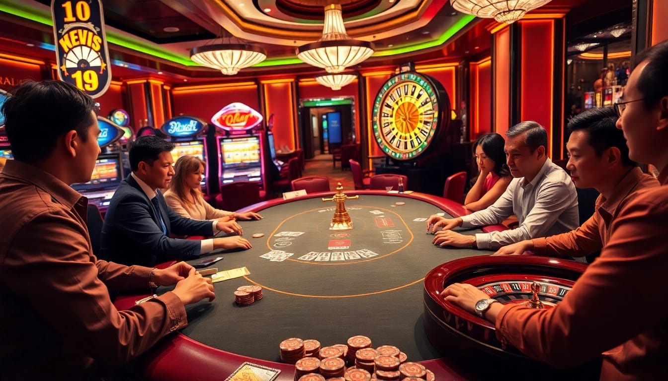 Keluaran Macau results illuminating a vibrant casino scene with players at the poker table and spinning roulette.