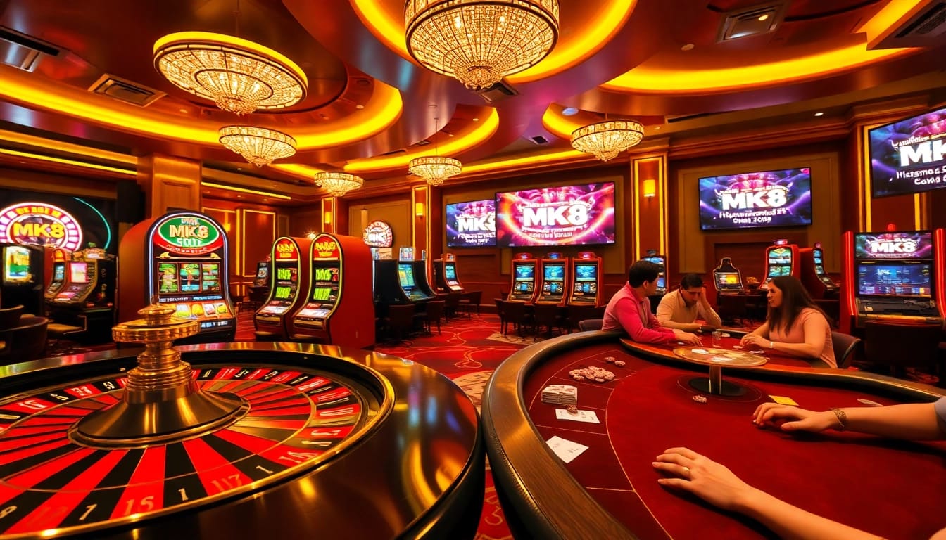 Experience thrill at the MK8 casino gaming platform with vibrant slot machines and a roulette wheel.