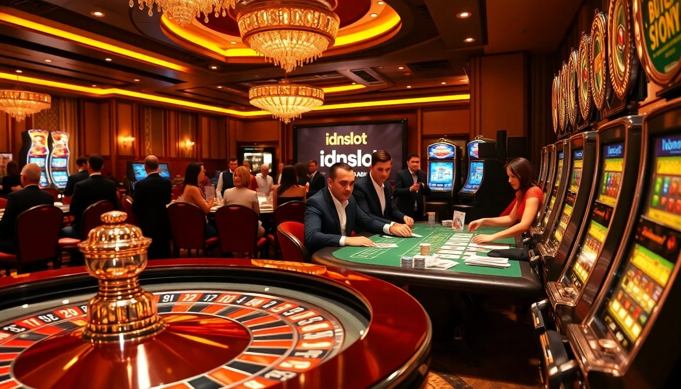 Engaging players at a luxurious casino table featuring idnslot elements with vibrant roulette and poker action.