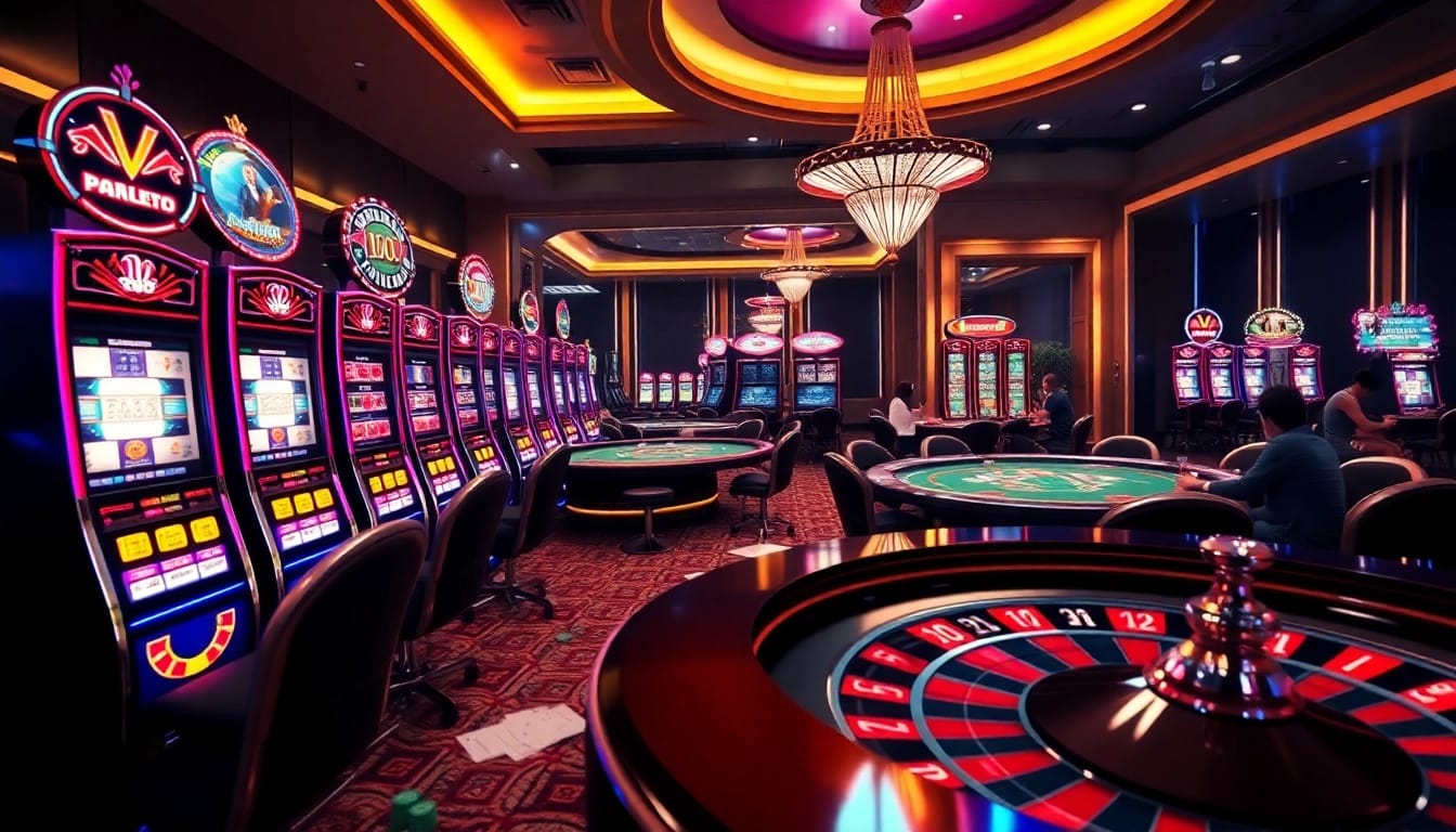 PEN4D casino scene showcasing engaging slot machines, poker tables, and roulette wheel excitement.